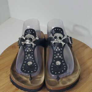 Betula by Birkenstock Black Leather Skull Rhinestone Sandals Unisex L9 M7